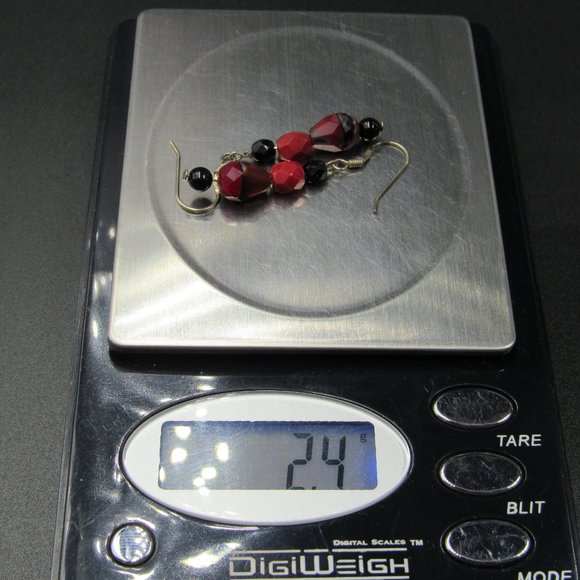 Sterling Silver Red Black Faceted Stone Dangle Earrings Vintage - Picture 5 of 5